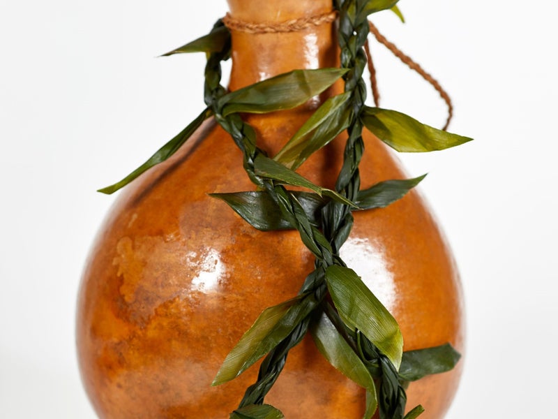A gourd with a chain of leaves attached