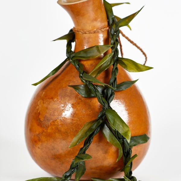 A gourd with a chain of leaves attached