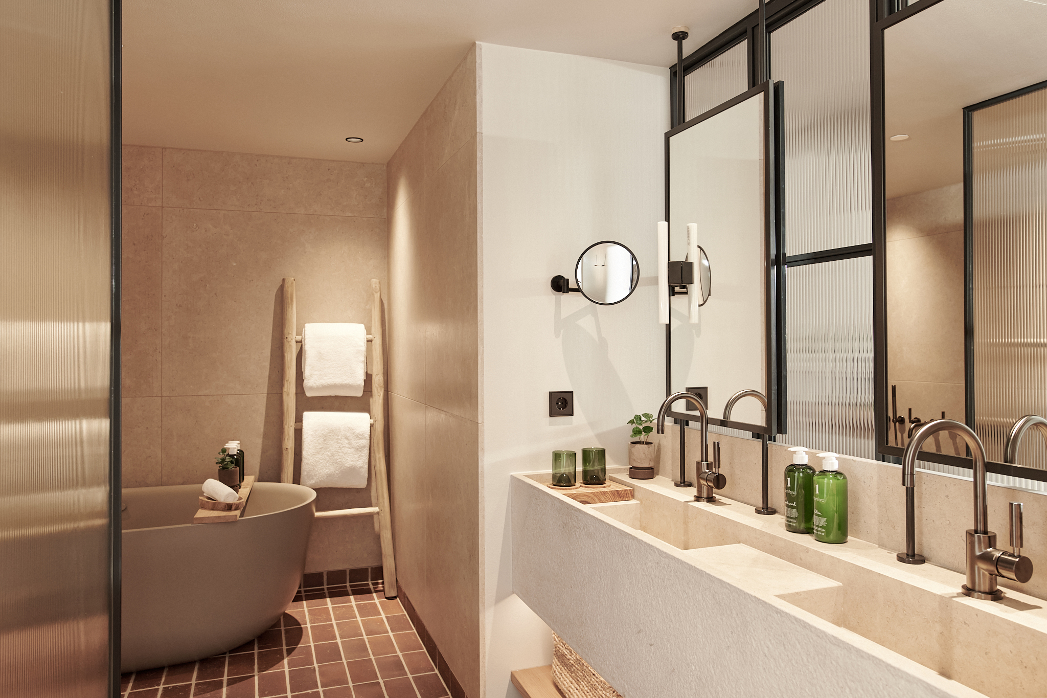 amenities, sink, and bath in warm-toned bathroom