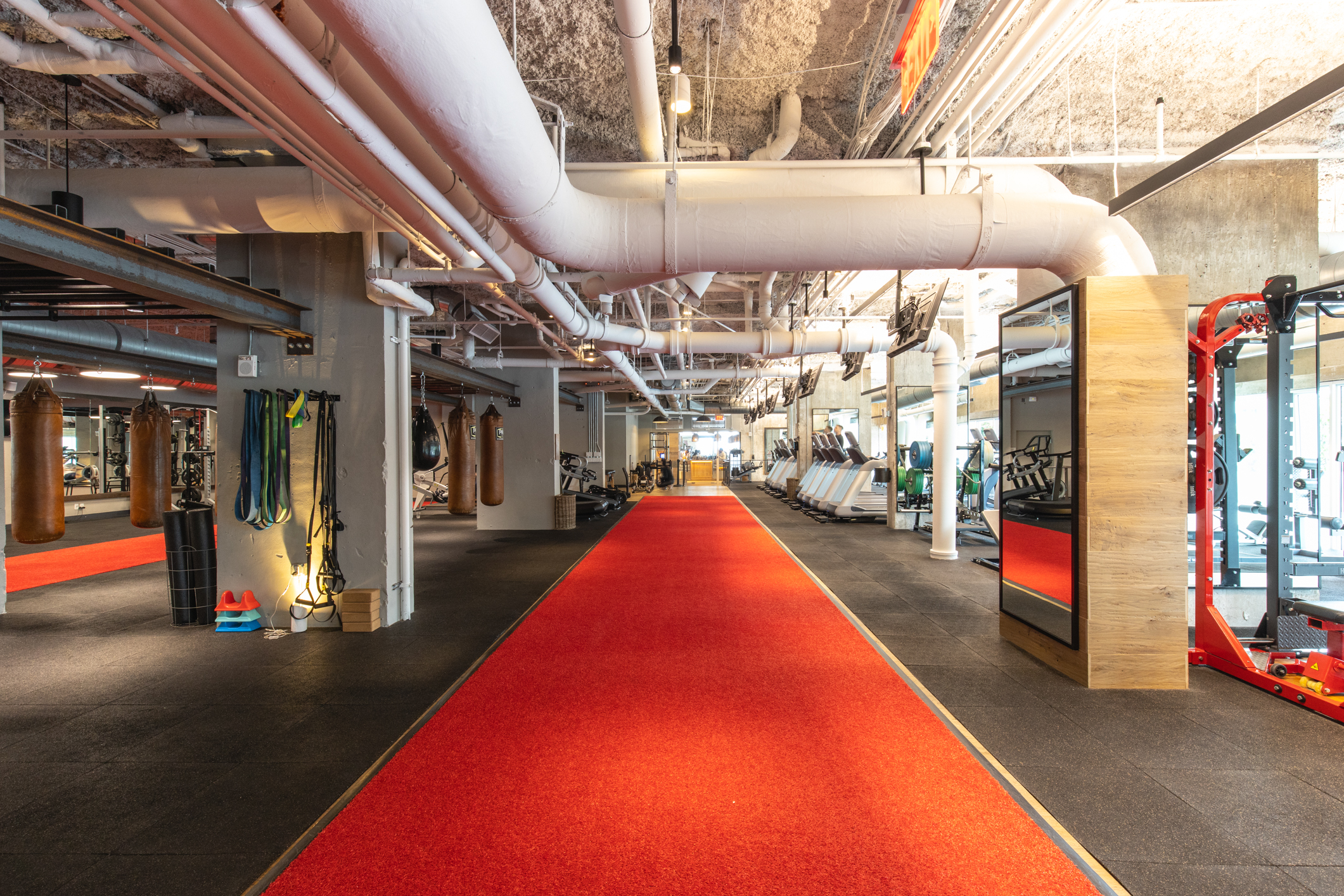 Gym with a long red carpet