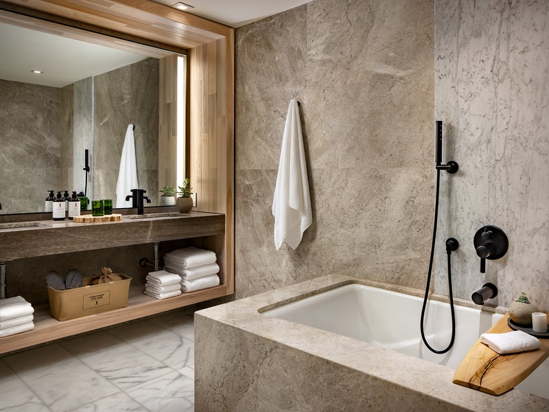 Rock slate bathroom with bathtub and double sinks