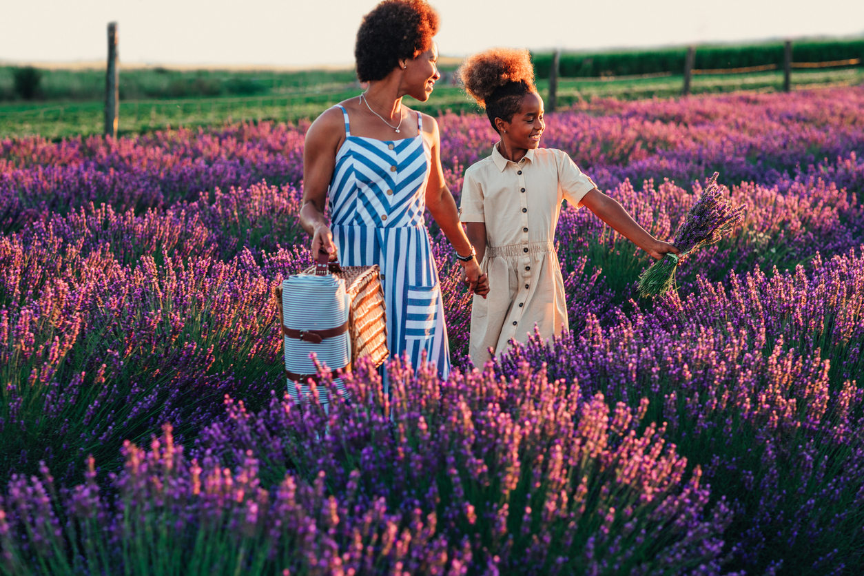 Two people standing in a field of lavendar