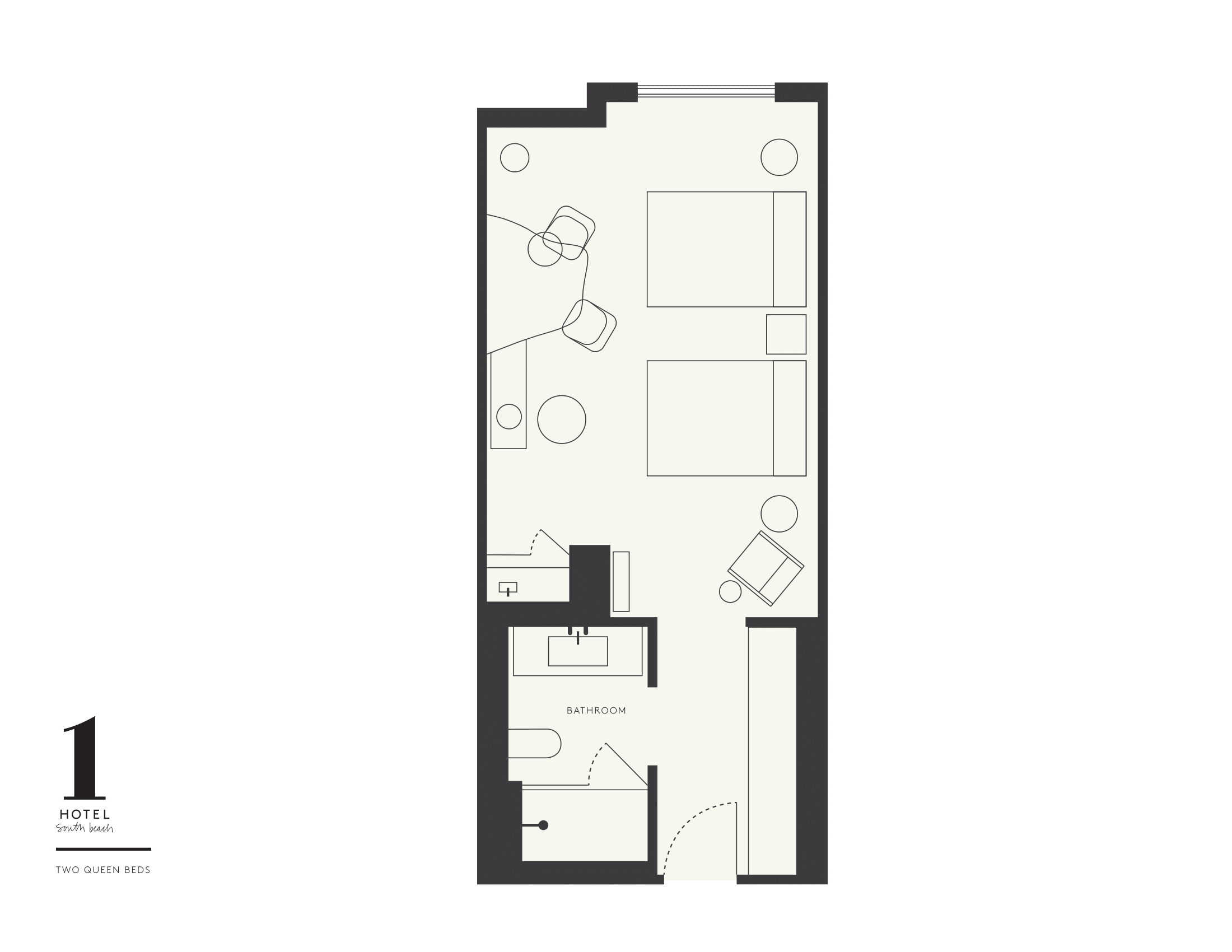 Plattegrond van de kamer met twee queensize bedden in 1 Hotel South Beach