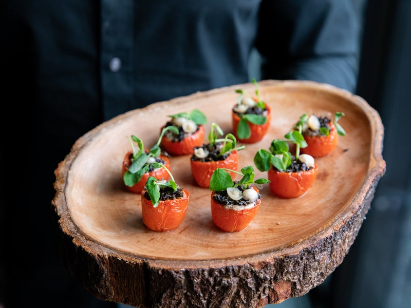Upscale appetizer on a slice of tree trunk platter