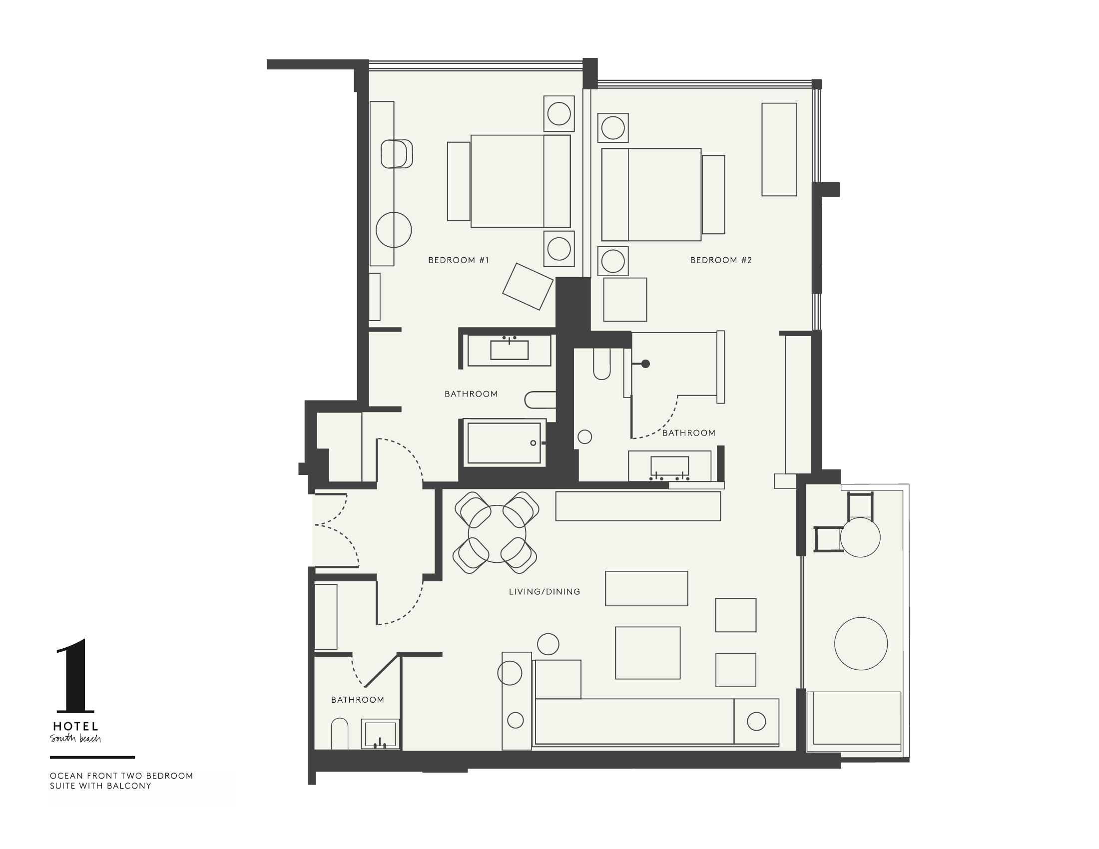 plattegrond voor suite met twee slaapkamers aan zee