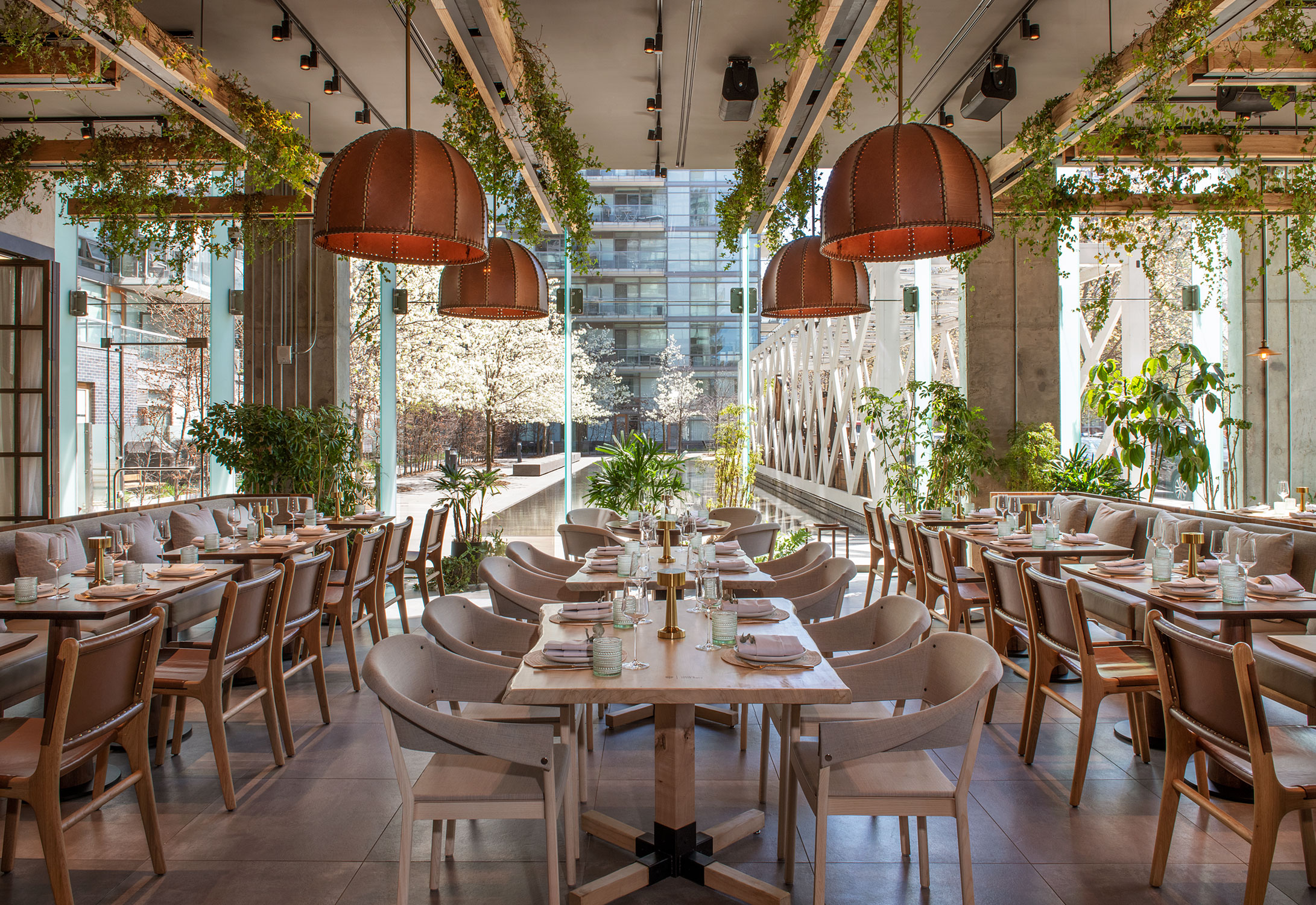 Dining area with greenery hanging from ceiling