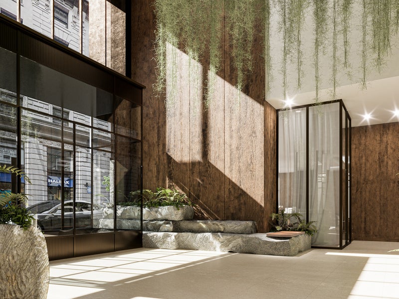 Bright lobby area with hanging moss