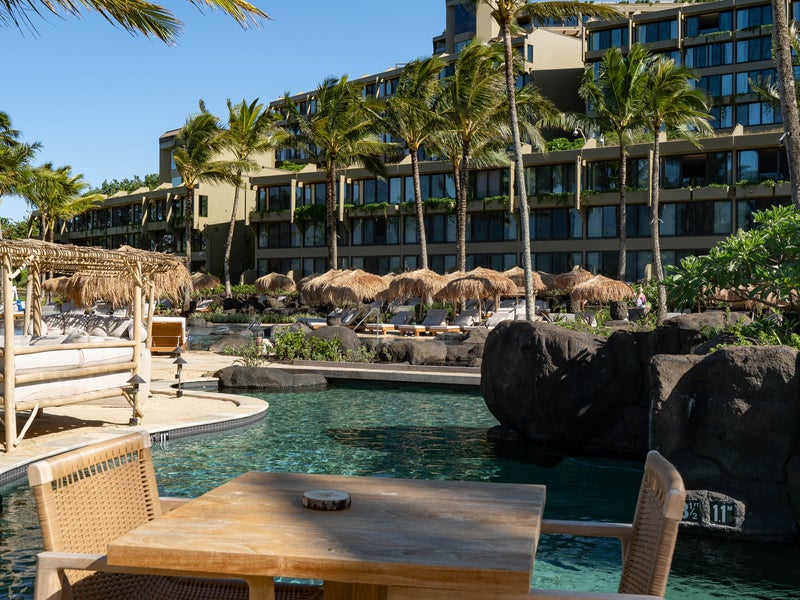 A table and outdoor pool