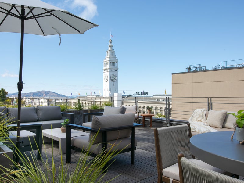 A view of the San Francisco ferry building clock tower as seen from the Terrace Suite
