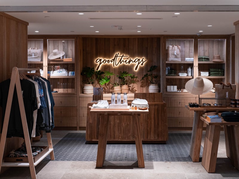 Racks and tables setup for product display at GoodThings