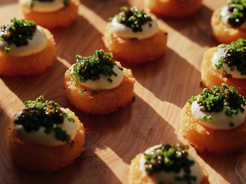 Food on round wooden plate