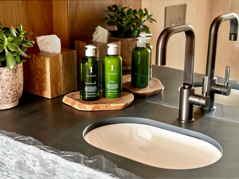 Bamford bath amenities on a bathroom sink