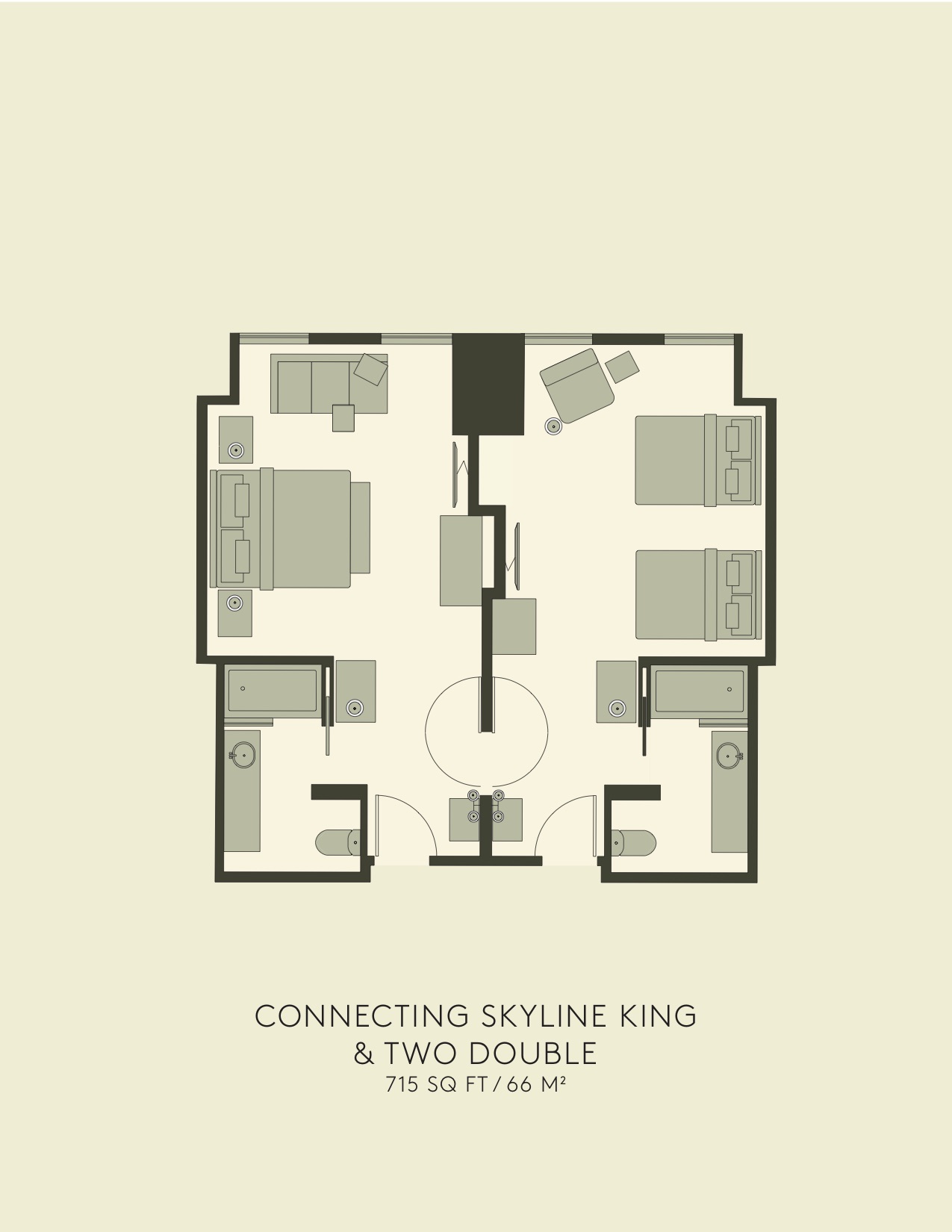 Planta do quarto com ligação skyline king  e dois quartos duplos