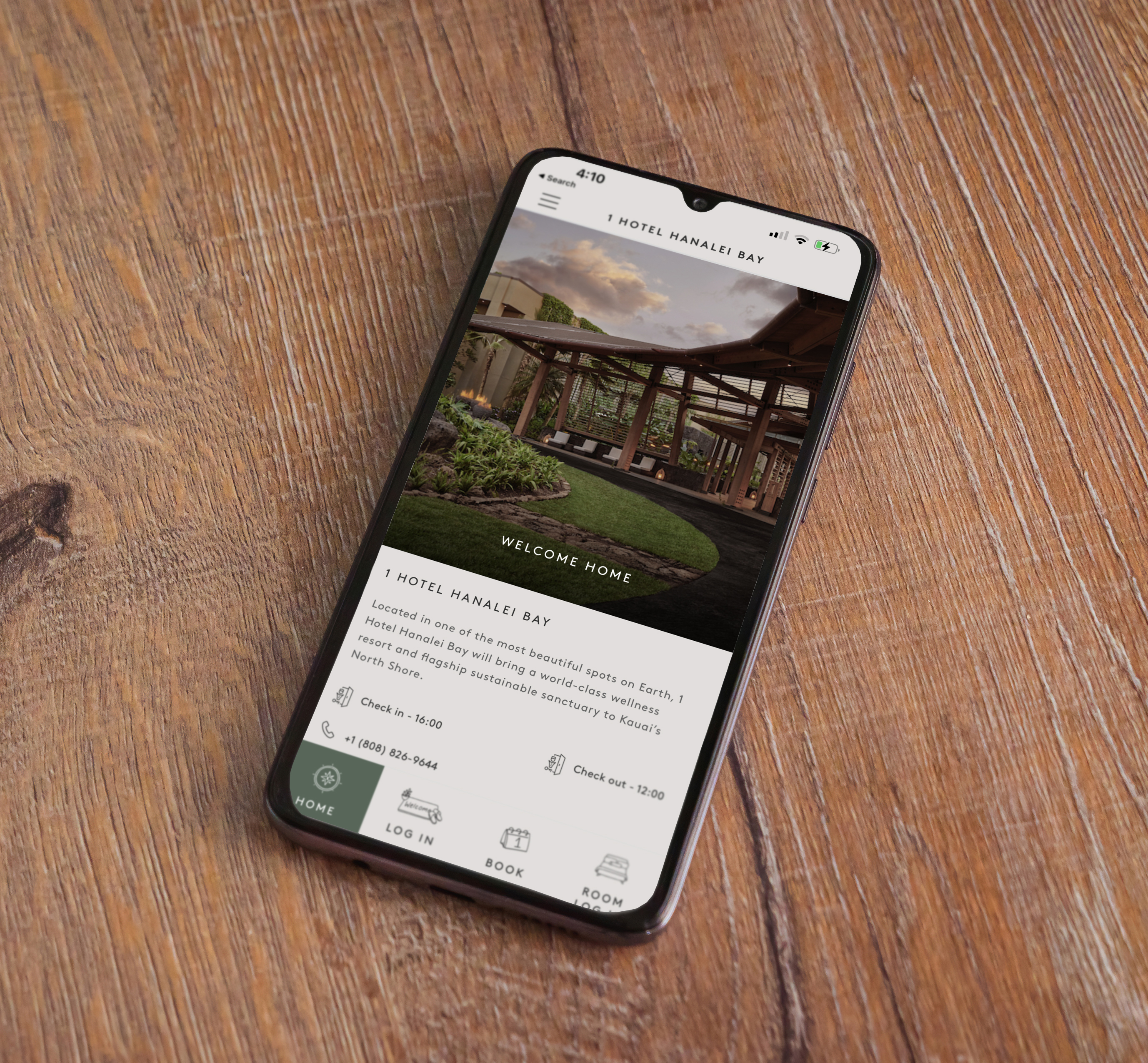 Cellphone with 1 Hotels App loaded on screen