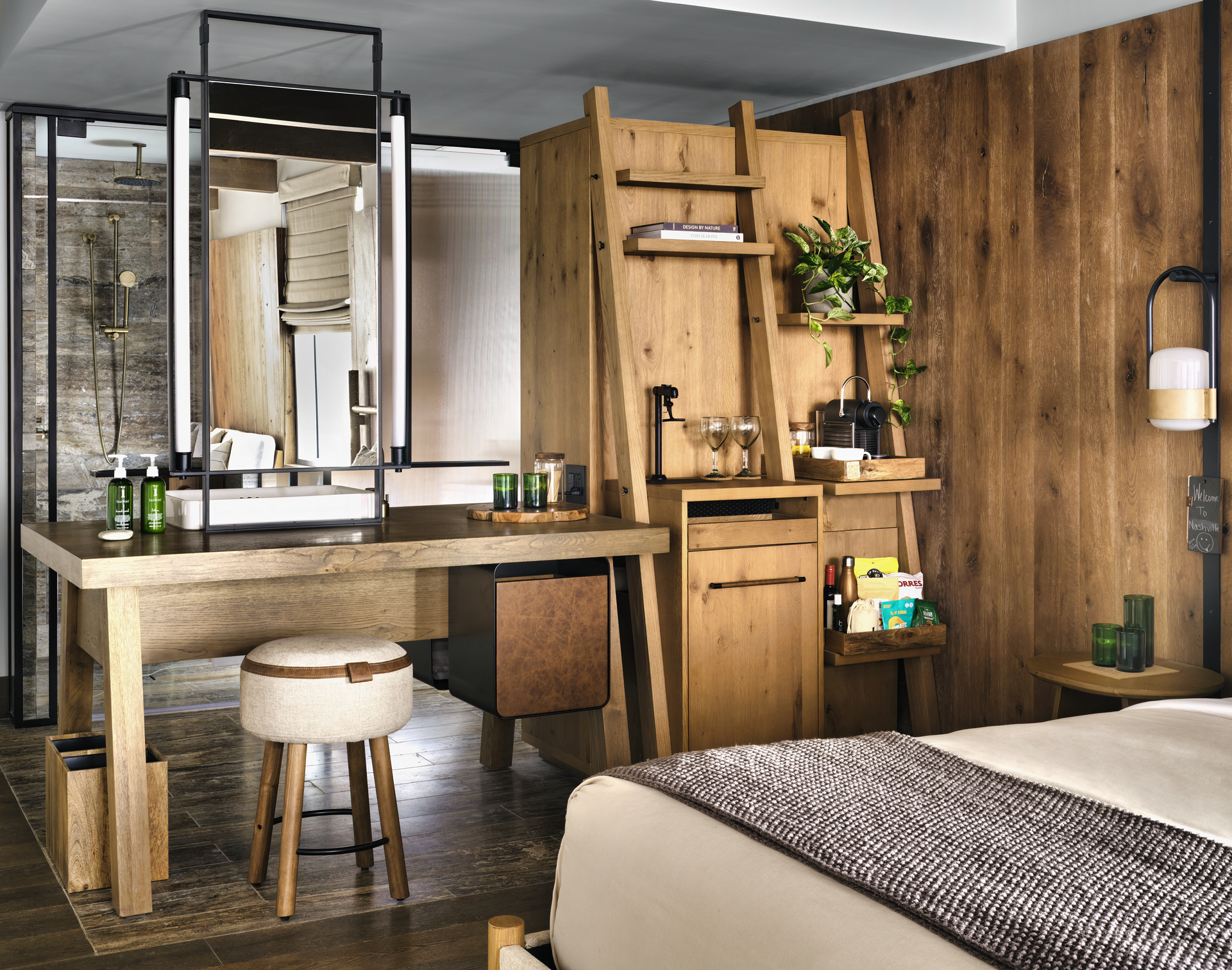 Bedroom with a makeup vanity and shelves next to a bed