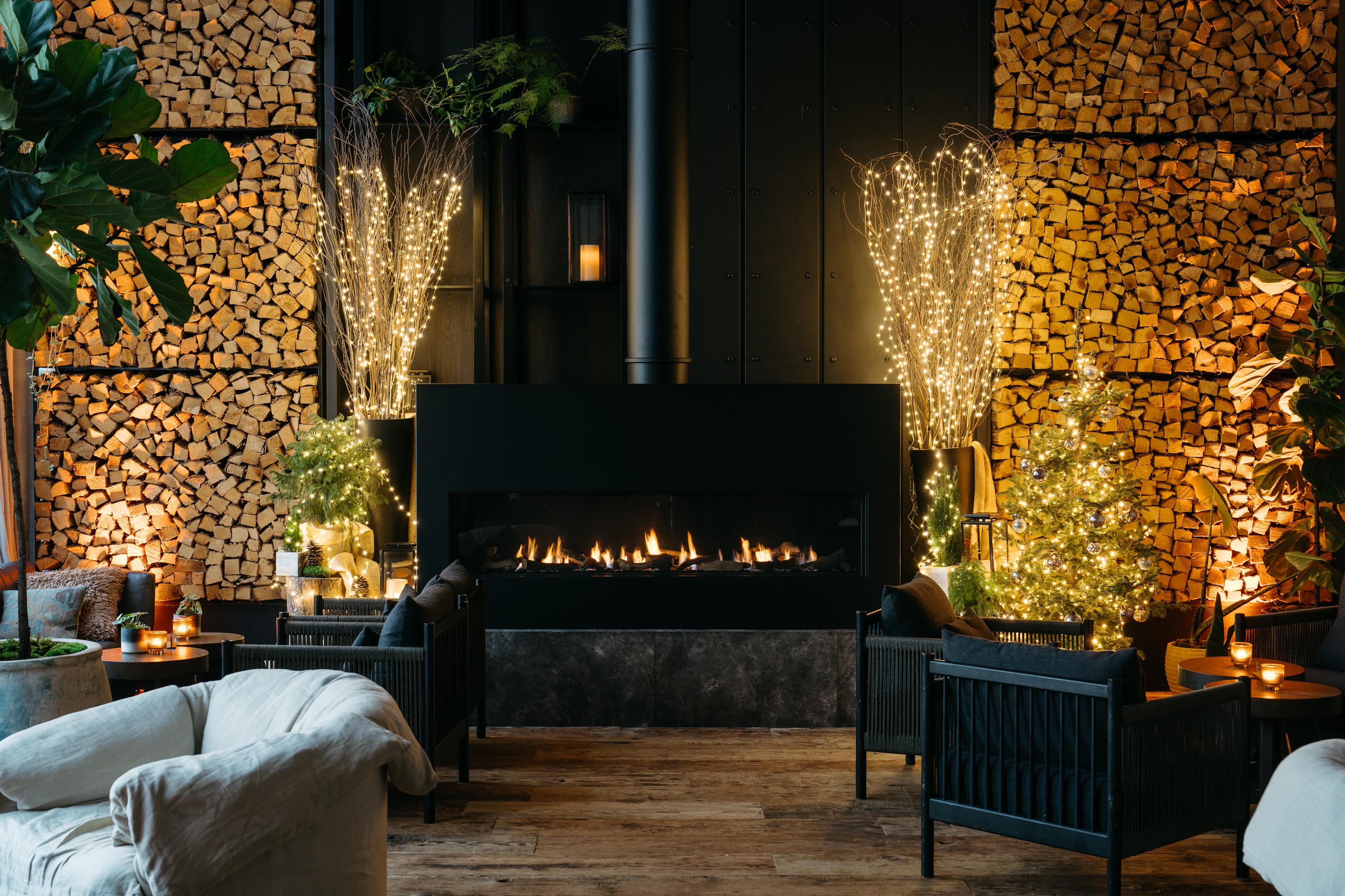 harriets fireplace with holiday lights