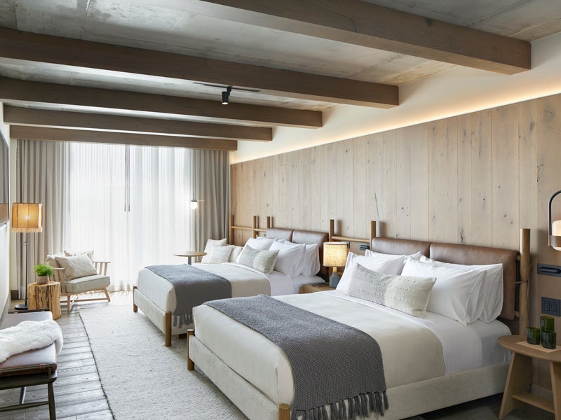 Two queen size beds with wooden headboards sit side by side basking in the sun shining through the nearby window