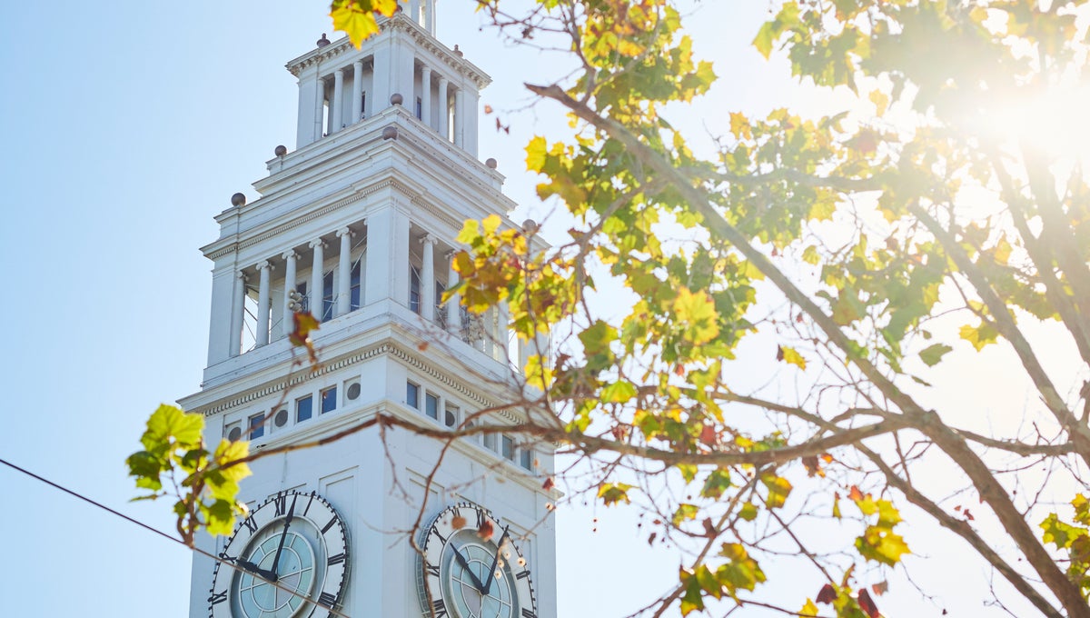 View of the San Francisco ferry building clock tower from ground level