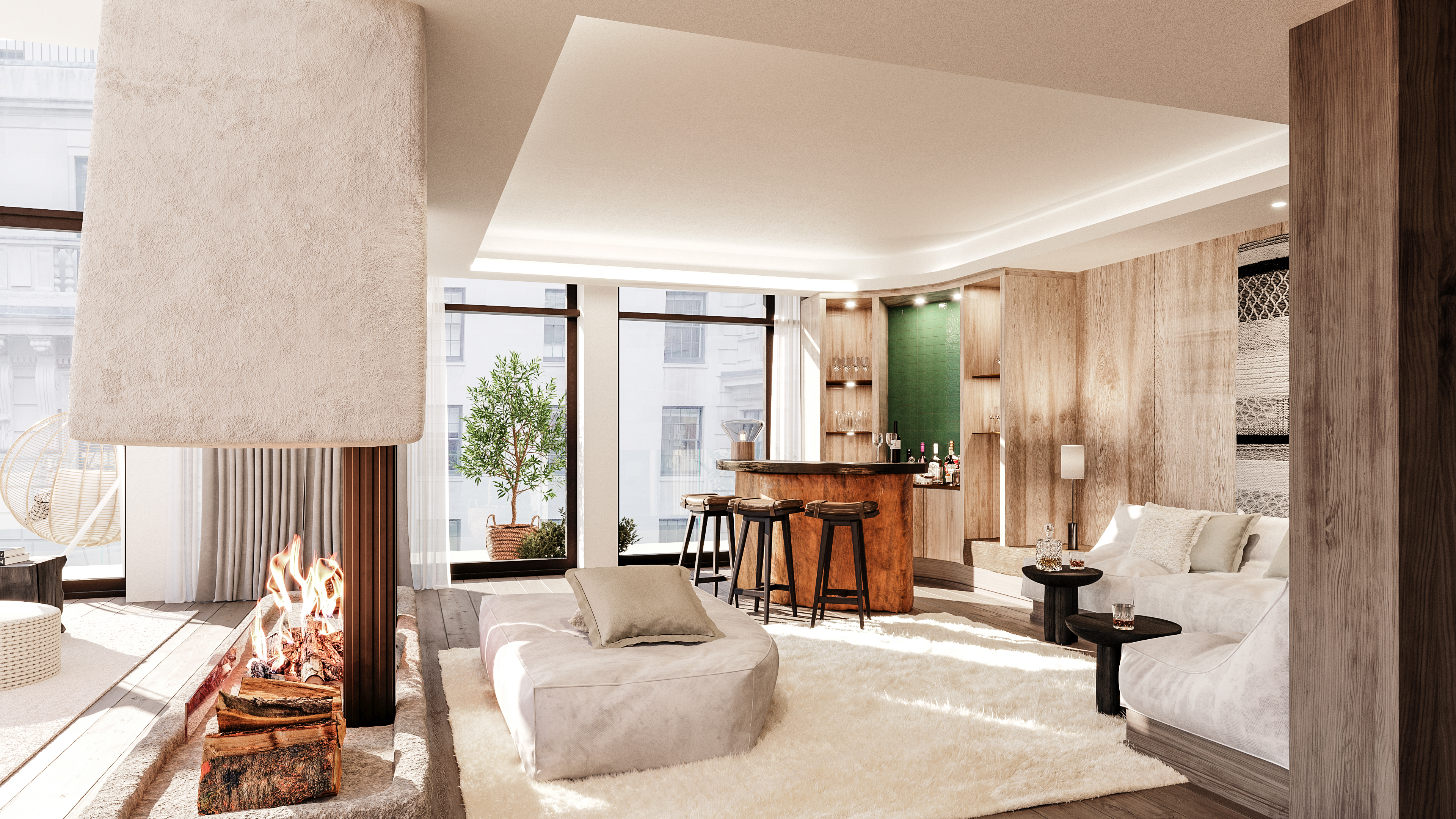 Luxurious penthouse suite with a corner bar 