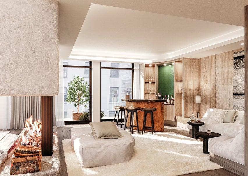 Luxurious penthouse suite with a corner bar