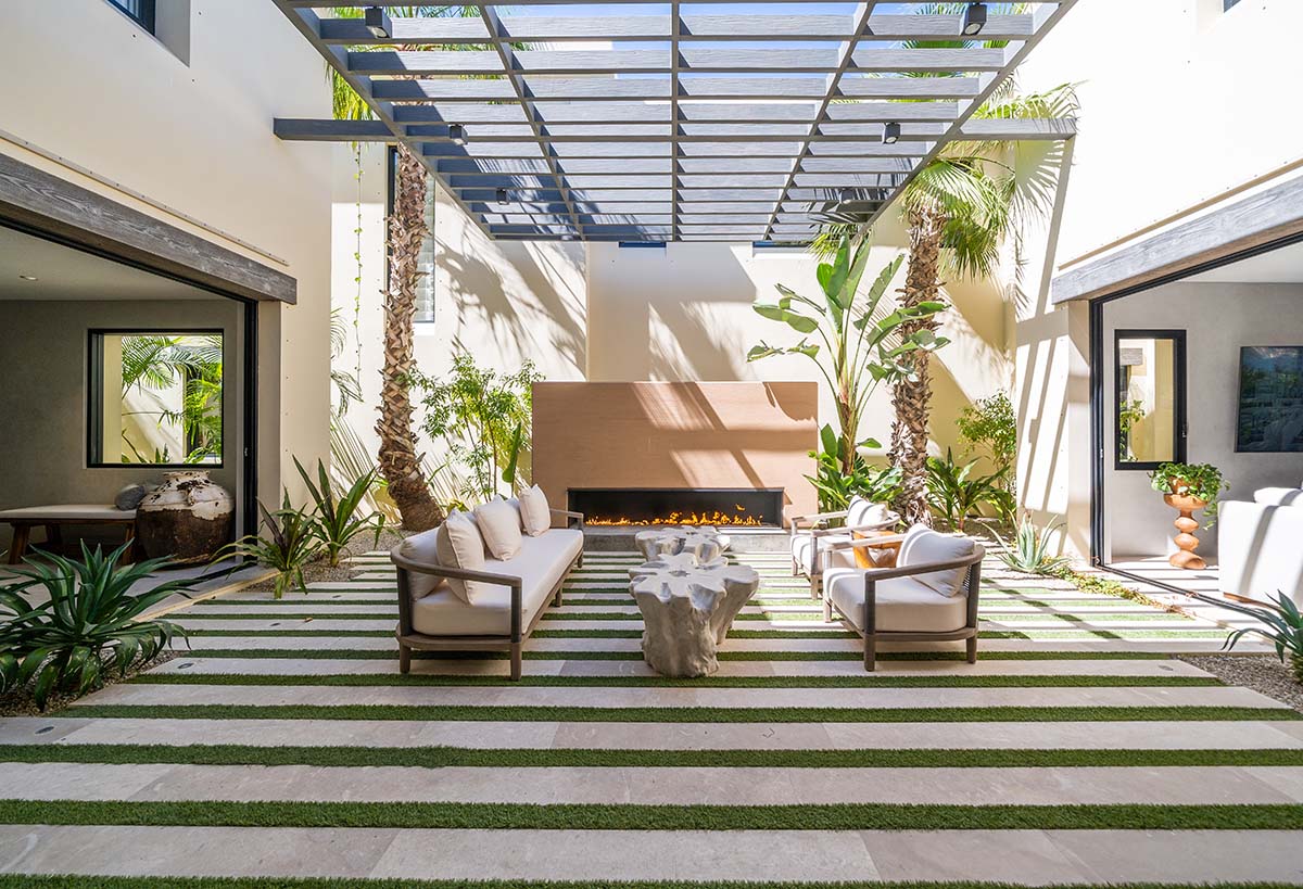 A seating area with exposed skylight