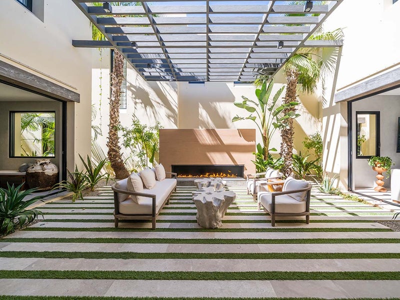 A seating area with exposed skylight