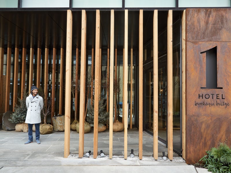 Wood support slats part of the 1 Hotel Brooklyn Bridge exterior