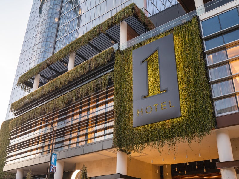 Front of hotel with large 1 on the building