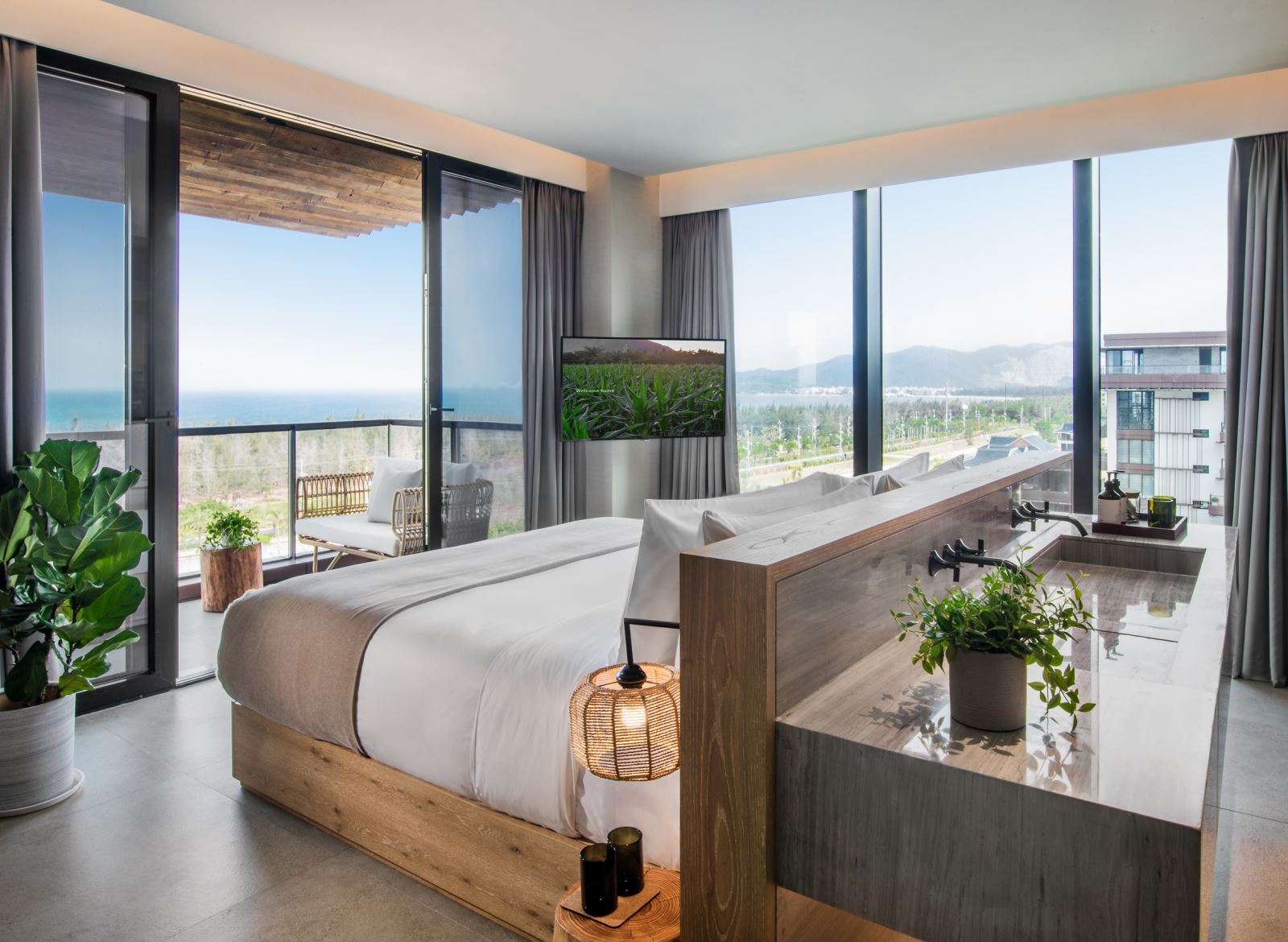 A bed with double sinks on the back