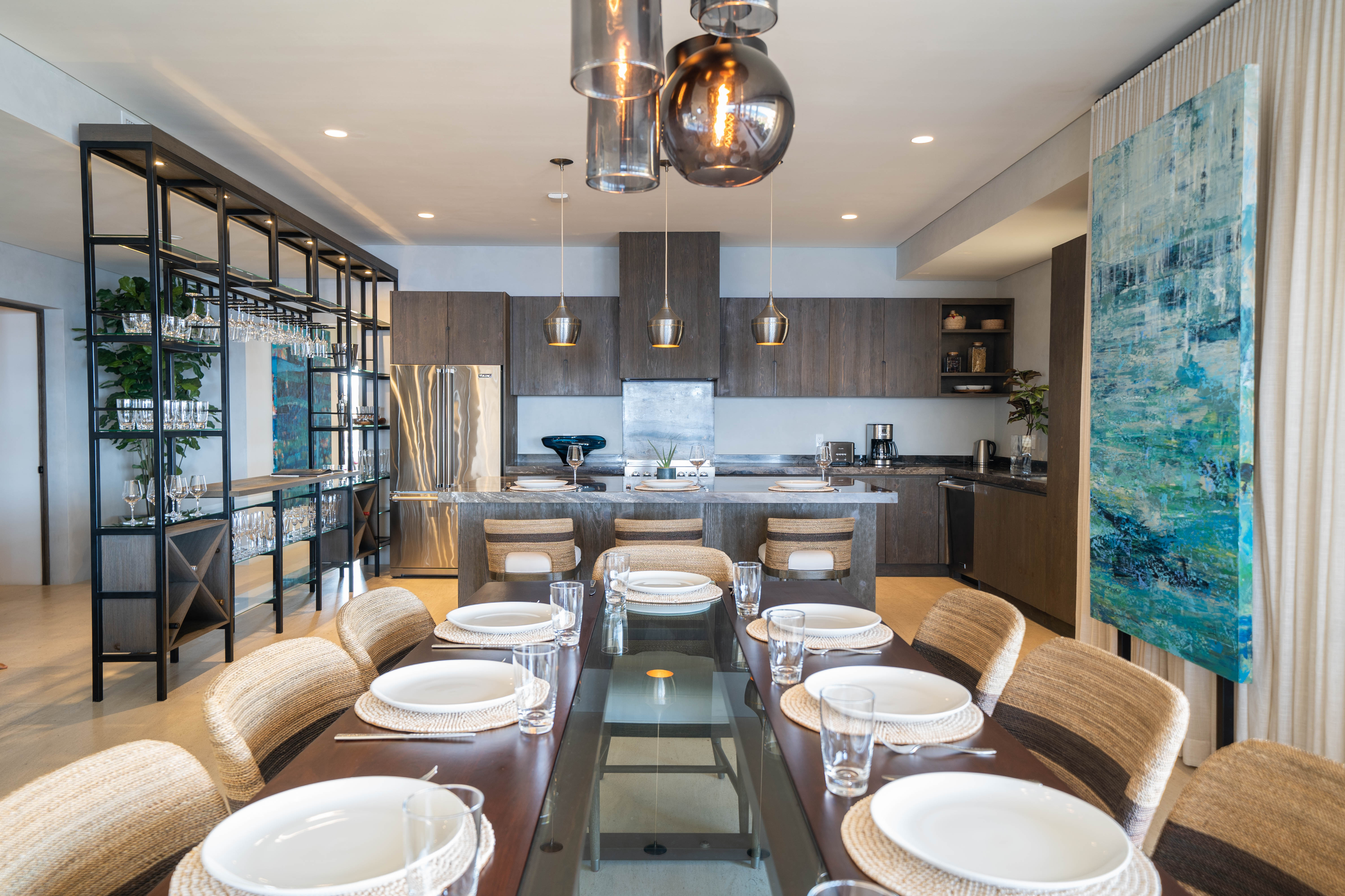 A set table in a dining room