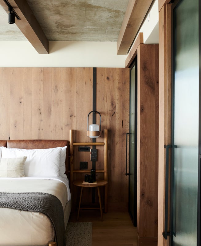 Wood paneled bedroom