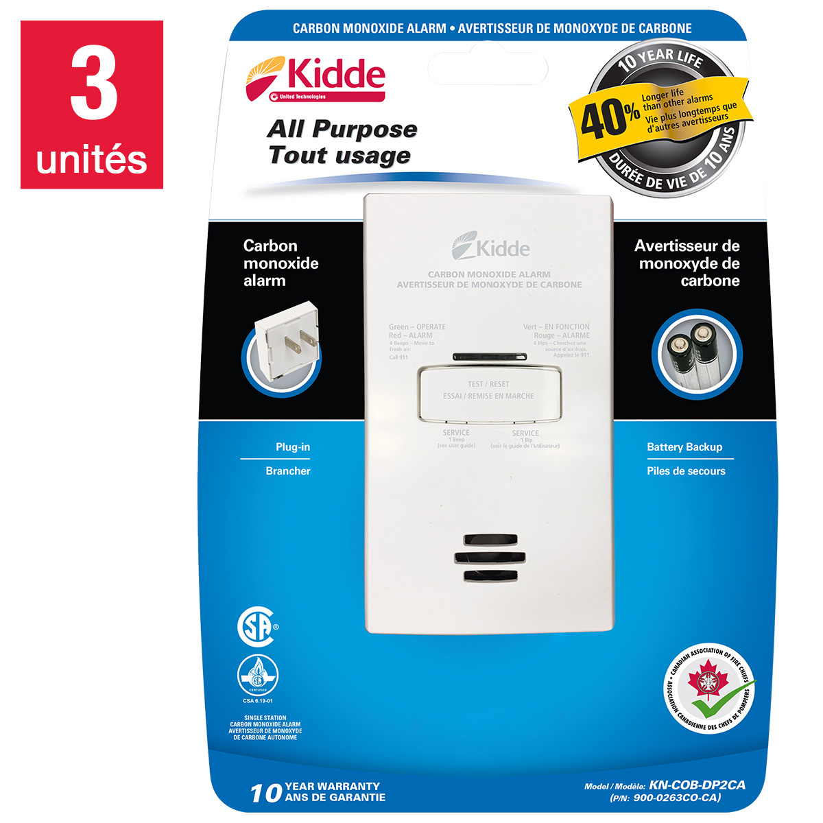 Détecteur De Monoxyde De Carbone Kidde – KN-COPP-B-LPM – Piles Incluses – Blanc