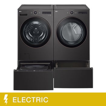 LG 4 - Piece Black Steel Laundry Suite with 5.8 cu. ft. Front Load Washer and 7.4 cu. ft. Capacity Smart Front Load Dryer with Pedestal Drawer and Sidekick