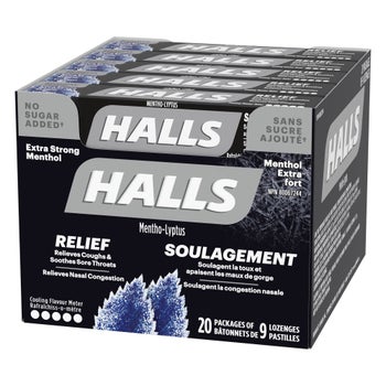 Halls Extra Strong Menthol With No Sugar Added Cough Drops, 20 × 9 lozenges