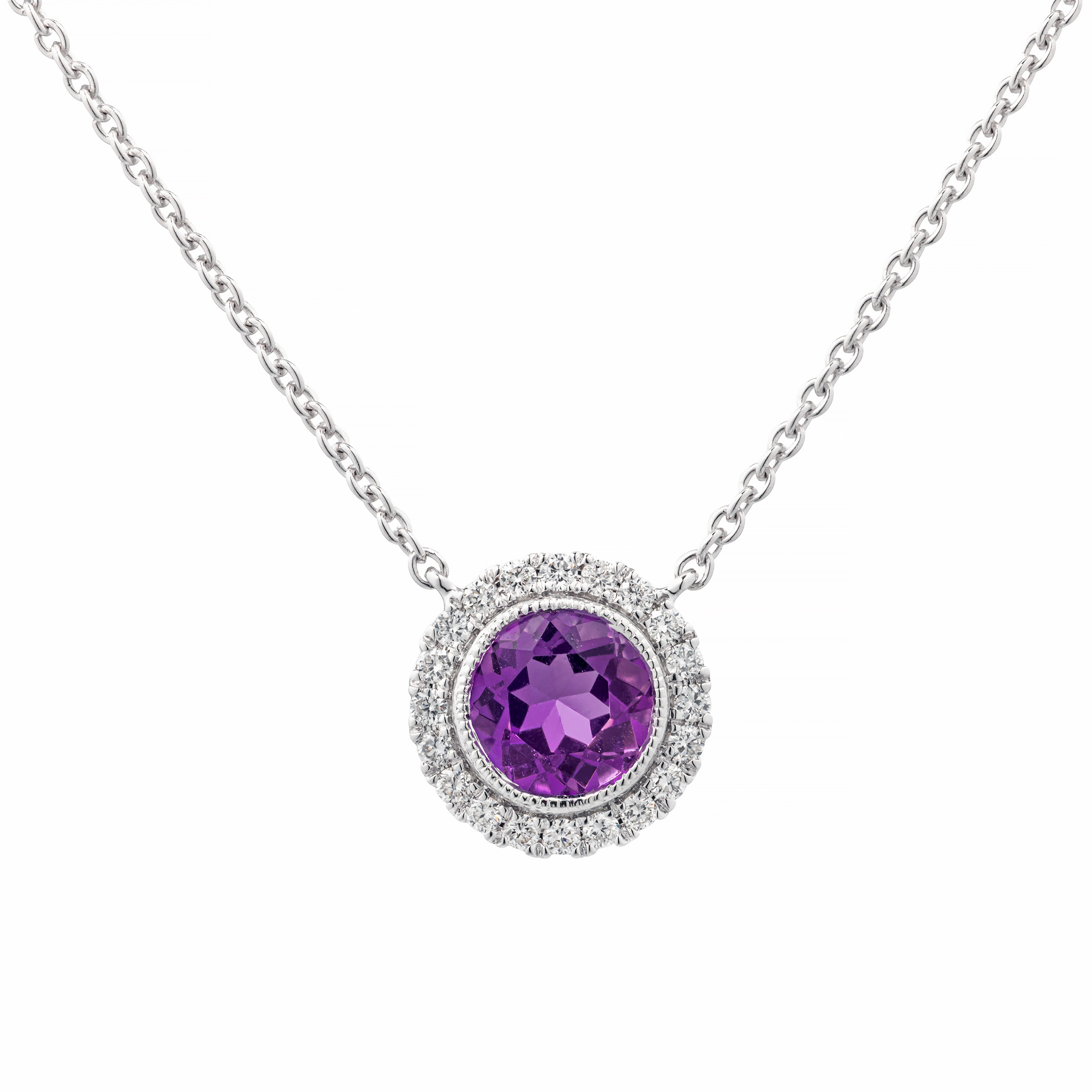 14K White Gold 7mm Round Amethyst Solitaire Pendant Necklace With Silver Chain Included 7 thumbnail image