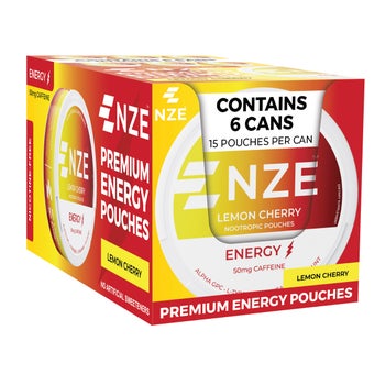 NZE Premium Energy Pouches, Lemon Cherry, 15 Pouches per Can, 6