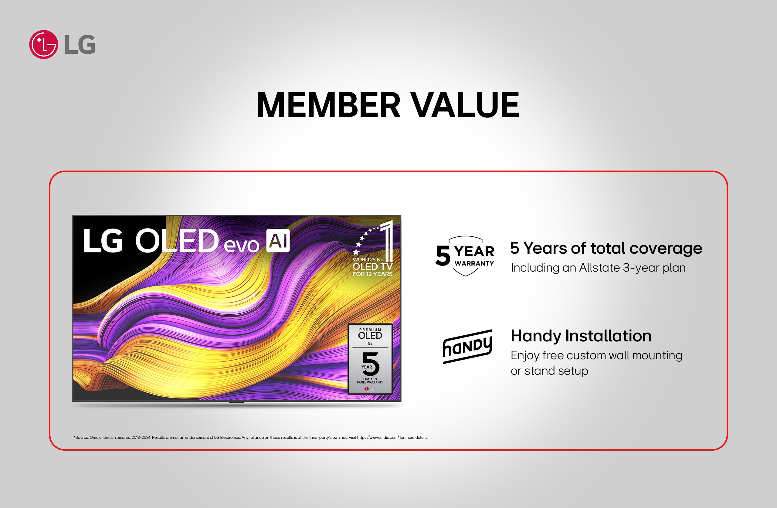 llg member value lg oled evo al world's no. oled tv for 12 years 5 year warranty 5 years of total coverage including an allstate 3-year plan premium oled g5 5 year handy handy installation enjoy free custom wall mounting or stand setup limited panel warranty lg *source: omdia. unit shipments, 2013-2024. results are not an endorsement of lg electronics. any reliance on these results is at the third-party's own risk. visit https://www.omdia.com/for more details.