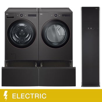 LG 5 - Piece Black Steel Laundry Suite with 5.8 cu. ft. Front Load Washer and 7.4 cu. ft. Capacity Smart Front Load Dryer with Pedestal Drawers and Styler