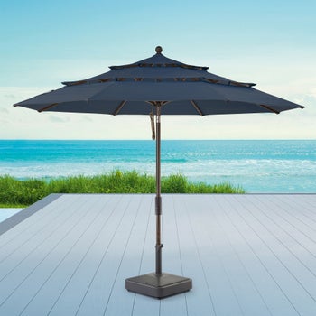 best rated large patio umbrella Alpha Joy 15ft Extra Large Patio Umbrella, Double Sided with Solar Lights,  Navy Blue