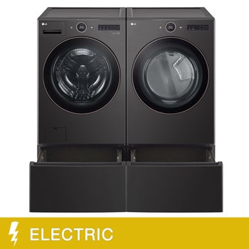 LG 4-piece Black Steel Laundry Suite with 5.8 cu. ft. Mega Capacity Smart Front Load Washer and 7.4 cu. ft. Capacity Smart Front Load Dryer and 2 Pedestal Drawers