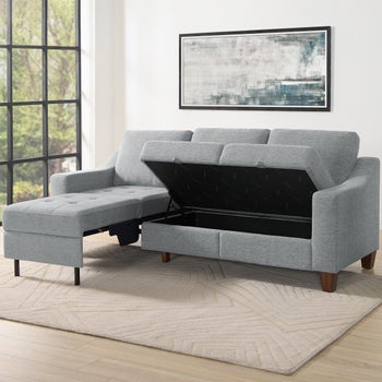 Thomasville Grey Fabric Storage Sofa with Pull-out Chaise