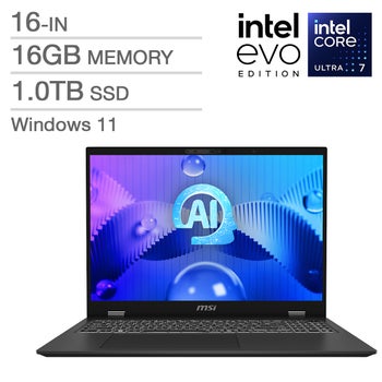 MSI Prestige 16 AI EVO 16 in. Intel Evo Laptop, Core Ultra 7 155H - 16GB RAM, 1TB SSD, Intel ARC