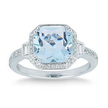 Square Cut Aquamarine and Diamond Ring (0.34 ctw)