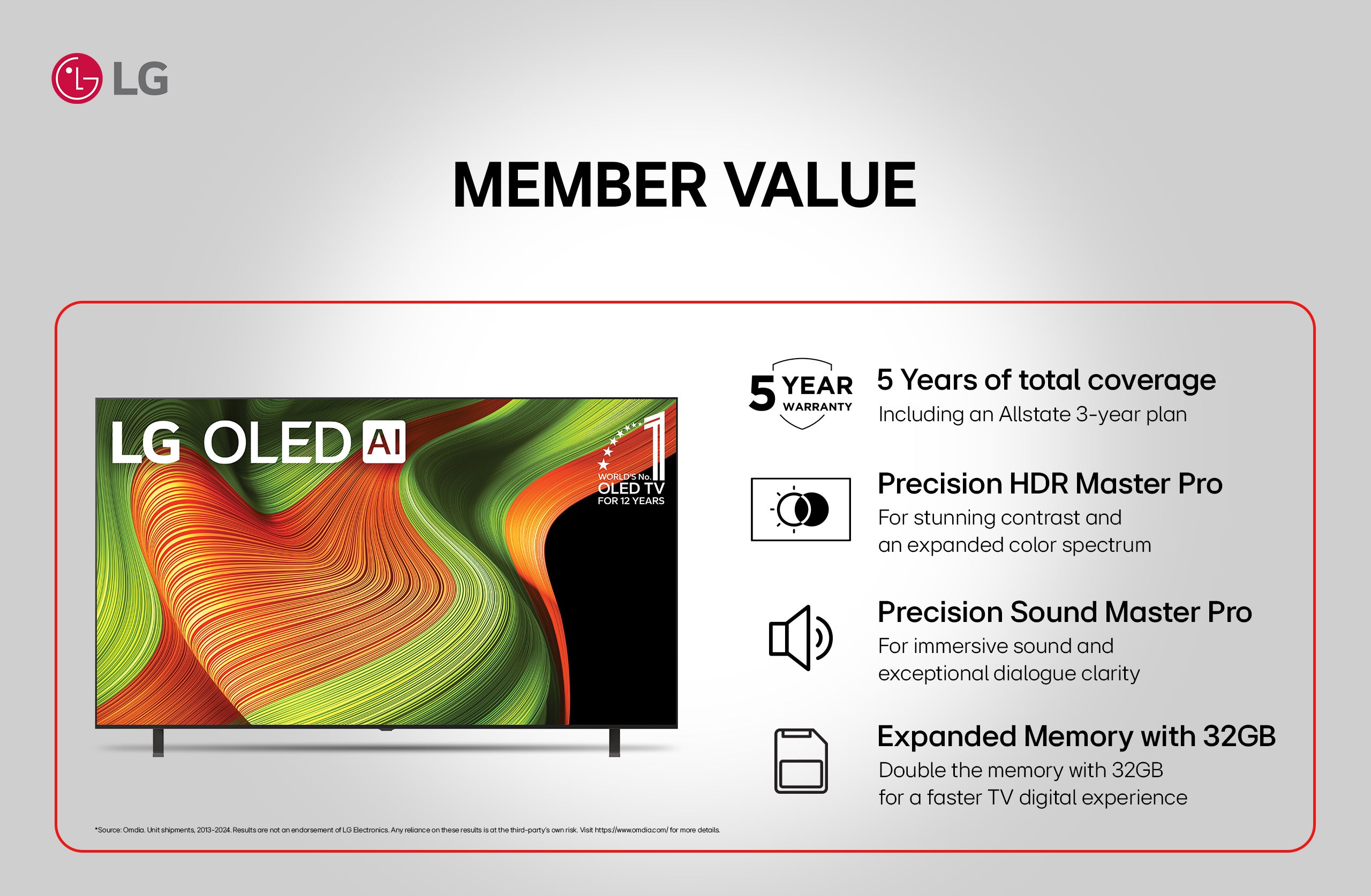 LG UDH AI. LG. MEMBER VALUE. 3 YEAR WARRANTY. 3 Year Manufacturer Warranty. We’ve got you covered. Precision HDR Master Pro. For stunning contrast and an expanded color spectrum. Precision Sound Master Pro. For immersive sound and exceptional dialogue clarity. Dolby Atmos. Dolby Atmos®. Enhance every scene for the ultimate home theater audio experience. Magic Remote. Point, scroll, click or use voice commands for effortless navigation.