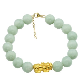Green Jade Bead Bracelet with Dragon in Yellow Gold