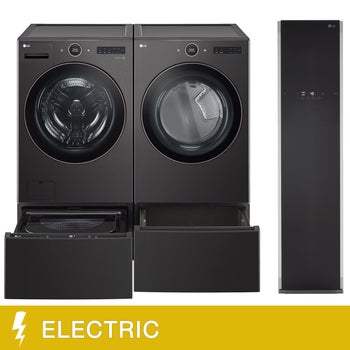 LG 5-piece Black Steel Laundry Suite with 5.8 cu. ft. Front Load Washer and 7.4 cu. ft. Capacity Smart Front Load Dryer with Pedestal Drawer and Sidekick and Styler