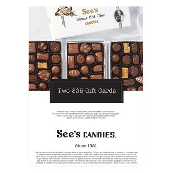See's Candies Two $25 Mailed Gift Cards ($50 Value)