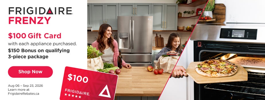 Frigidaire Frenzy banner offering a $100 Visa Gift Card from Aug 06 to Sep 23, 2026.