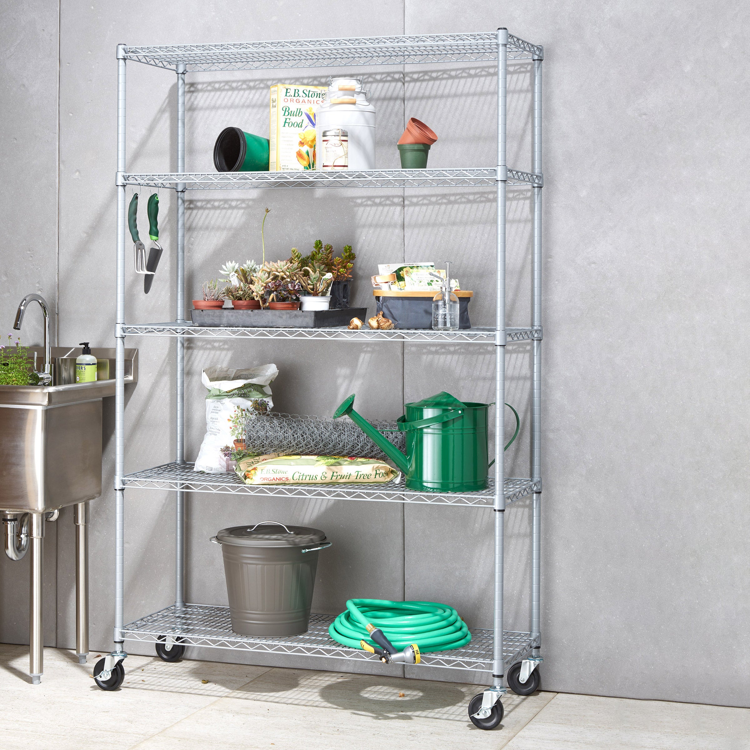 TRINITY 5-Tier Outdoor Wire Shelving Rack with Wheels, 48-inch x 18-inch x 72-inch NSF, Gray Color