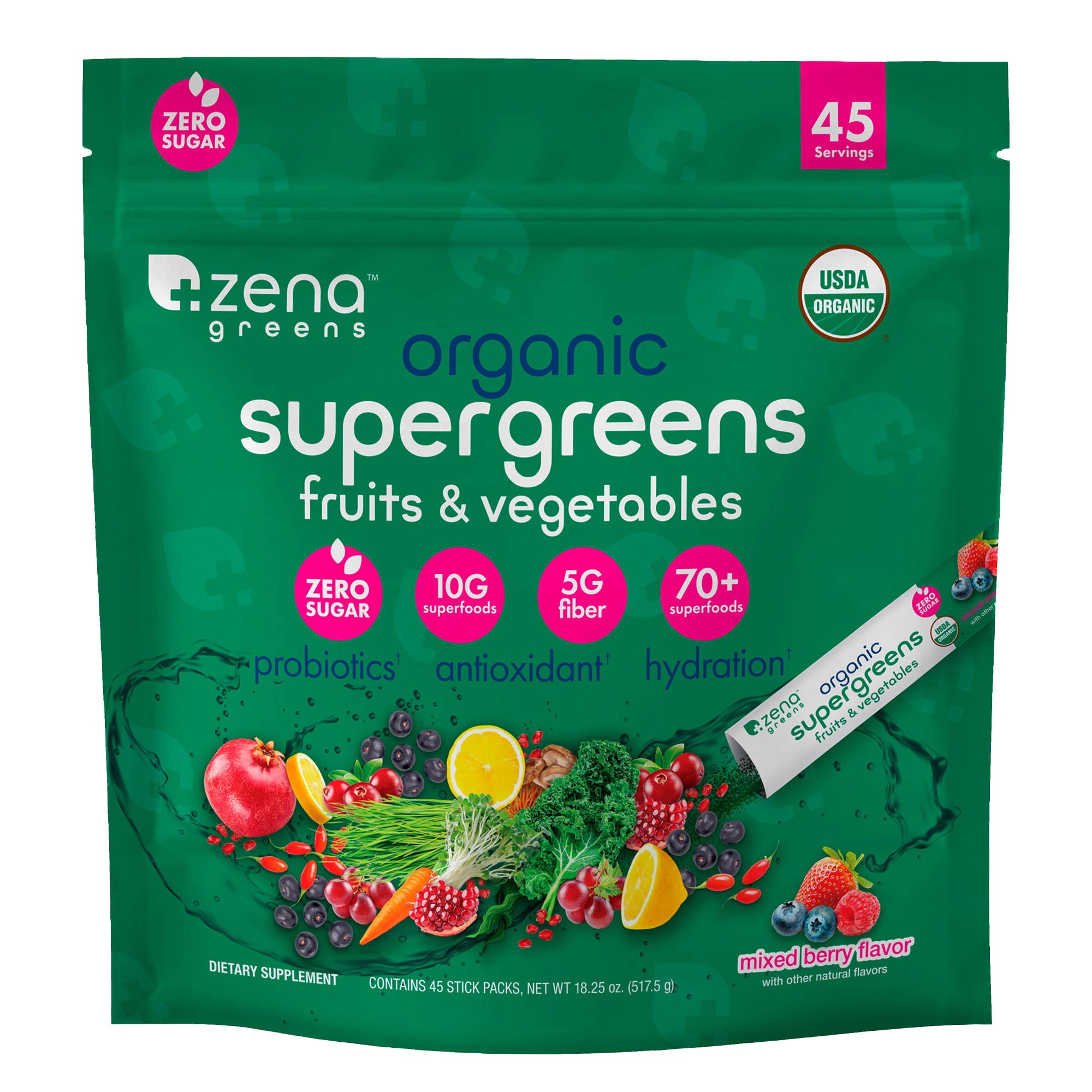 Zena USDA Organic Super Greens Powder, 45 Packets